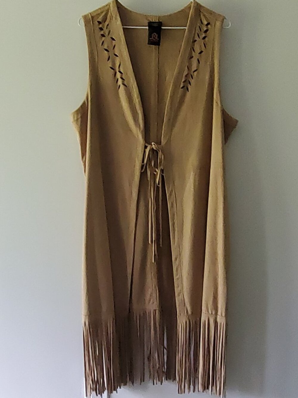 Women's Country Western Long Vest Duster Front Tie Up Cut Outs & Fringed Hem